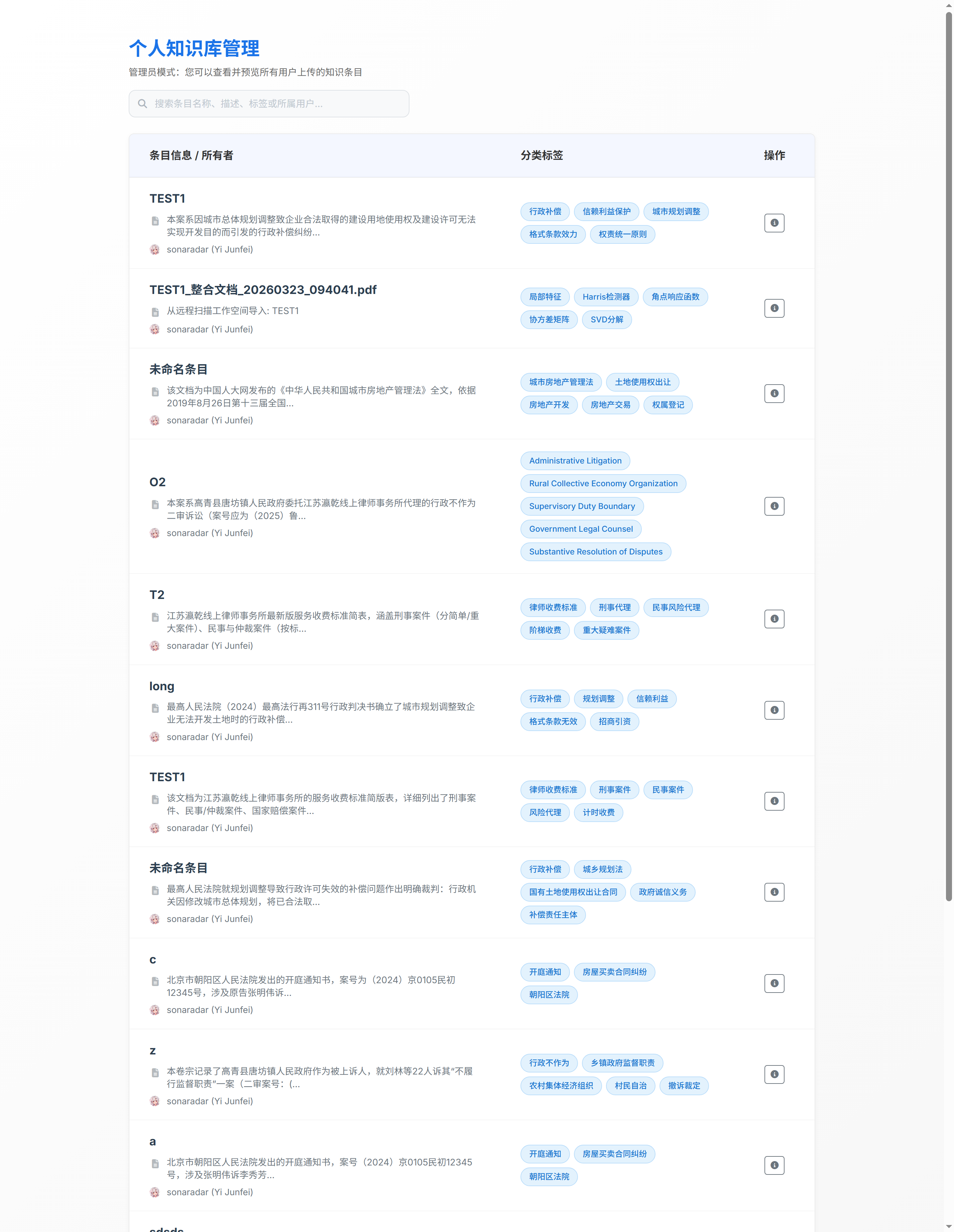 个人知识库管理（管理员视图）